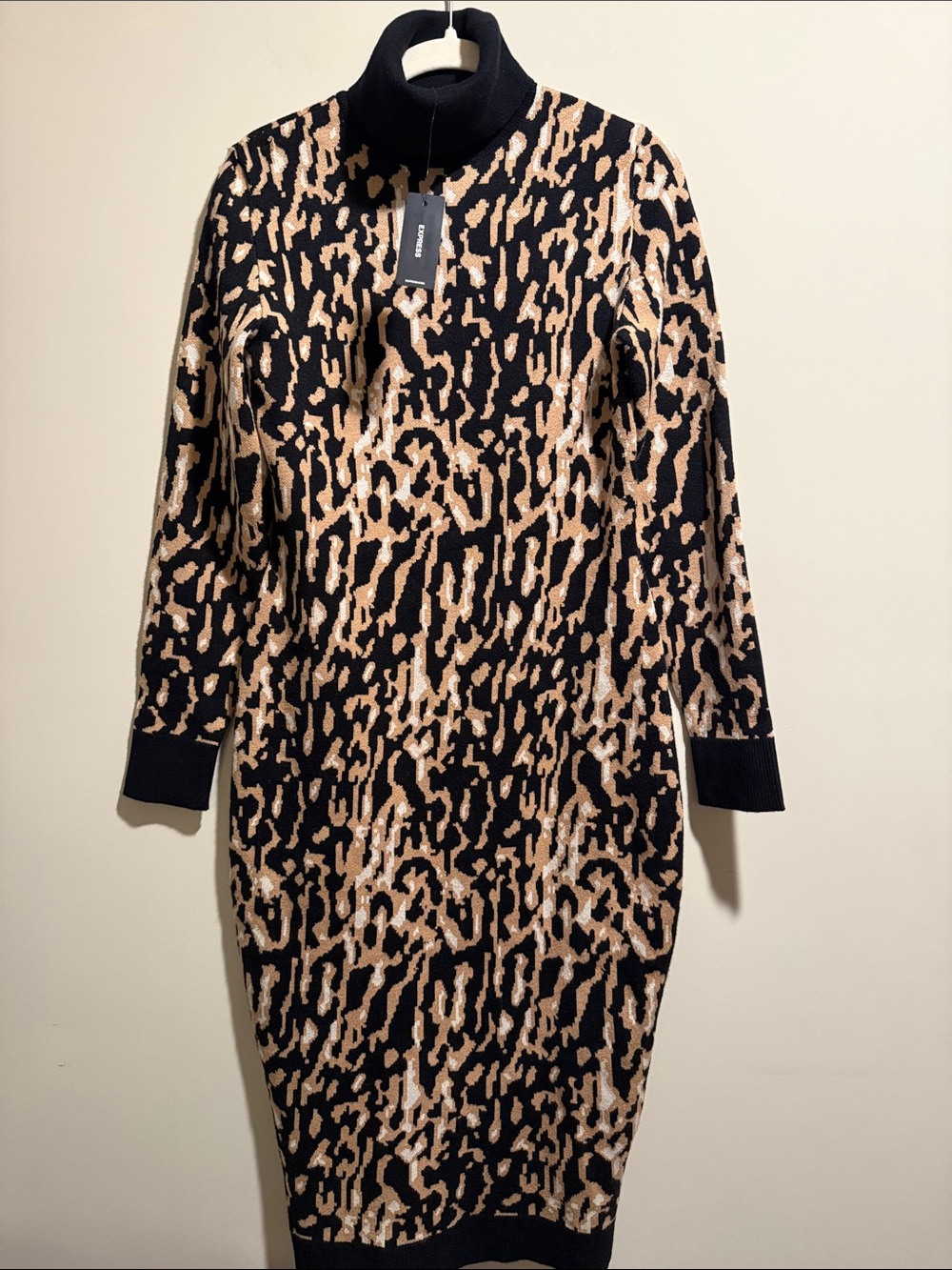 Express Black & Tan Animal-Print Long Sleeve Dress